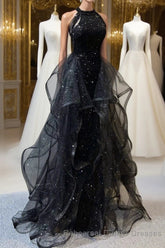 A-Line Semi Formal Prom Dresses Vintage Dress Wedding Guest Wedding Party Sweep / Brush Train Sleeveless Halter Neck Wednesday Addams Family Sequined with Crystals Sequin Ruffles Masquerade Dress